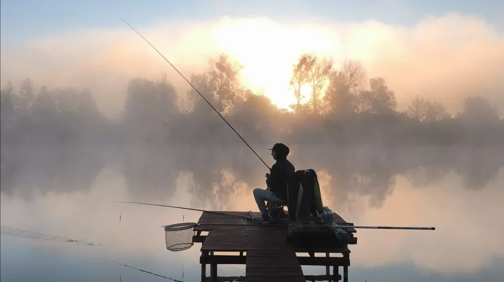 Wędkarz siedzący na drewnianym pomoście podczas mglistego wschodu słońca nad spokojnym jeziorem